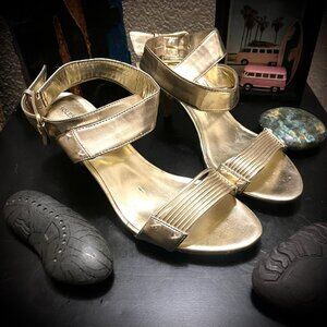Sole Society Shoes | Sole Society Gold Sandals Ankle Strappy Heels | Color: Gold